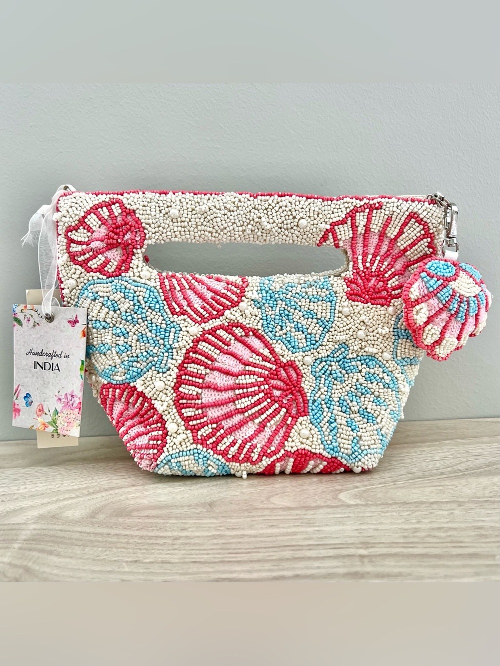 Handmade Coastal Beaded Seashell Clutch With Chain Strap